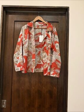 Women's Red Tropical Button-Down Shirt Jacket